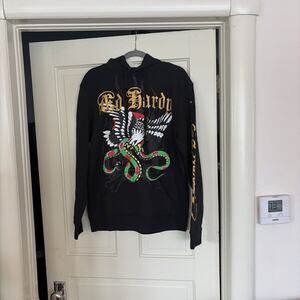 Ed Hardy Men's Eagle Snake Pullover Hoodie Y2K Tattoo Print Graphic Black